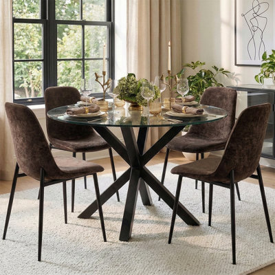 4 - Person Dining Table Sets With Glass Round Table & 4 Upholstered Chenille Chairs