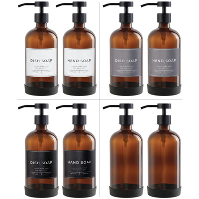 Distributeur de savon à main et à vaisselle pour cuisine et salle de bain, ensemble de 2 bouteilles en verre de 16 oz, pompes en acier inoxydable, base en silicone antidérapante, 27 étiquettes imperméables (bouteille ambre / pompe noire)