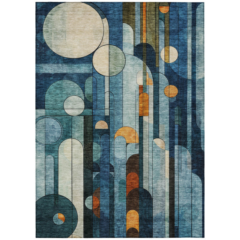 Tapis intérieur / extérieur ivoire et cuivré bleu 8 pi x 10 pi