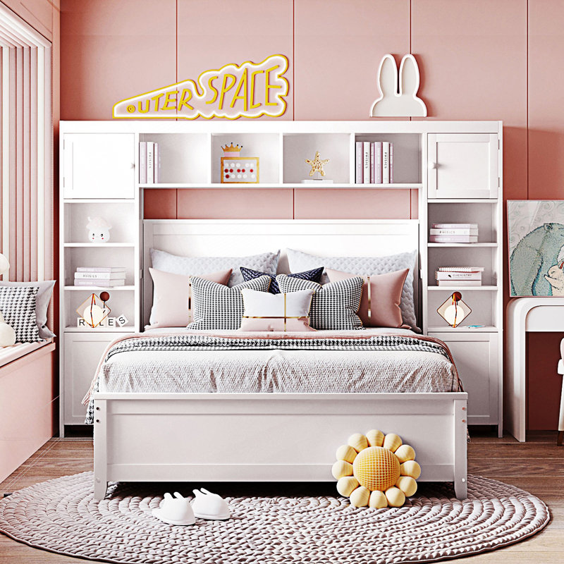 Lit double avec armoire et tablette tout-en-un, Blanc