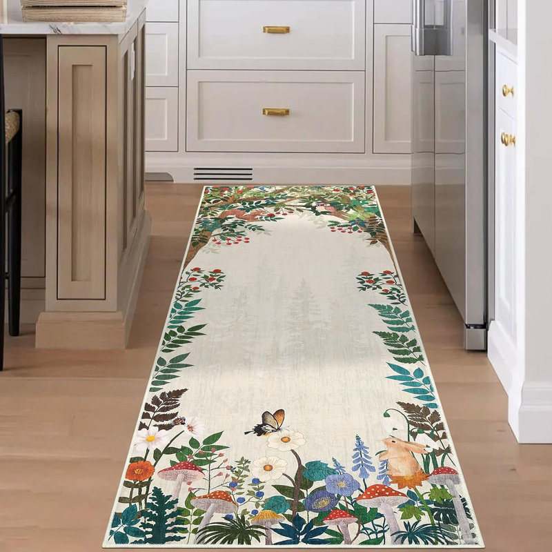 2x6 Washable Kitchen Rug, Non-Slip Jungle Animal Print, Low Pile, Stain-Resistant for Hallway, Entryway, Bathroom, Black