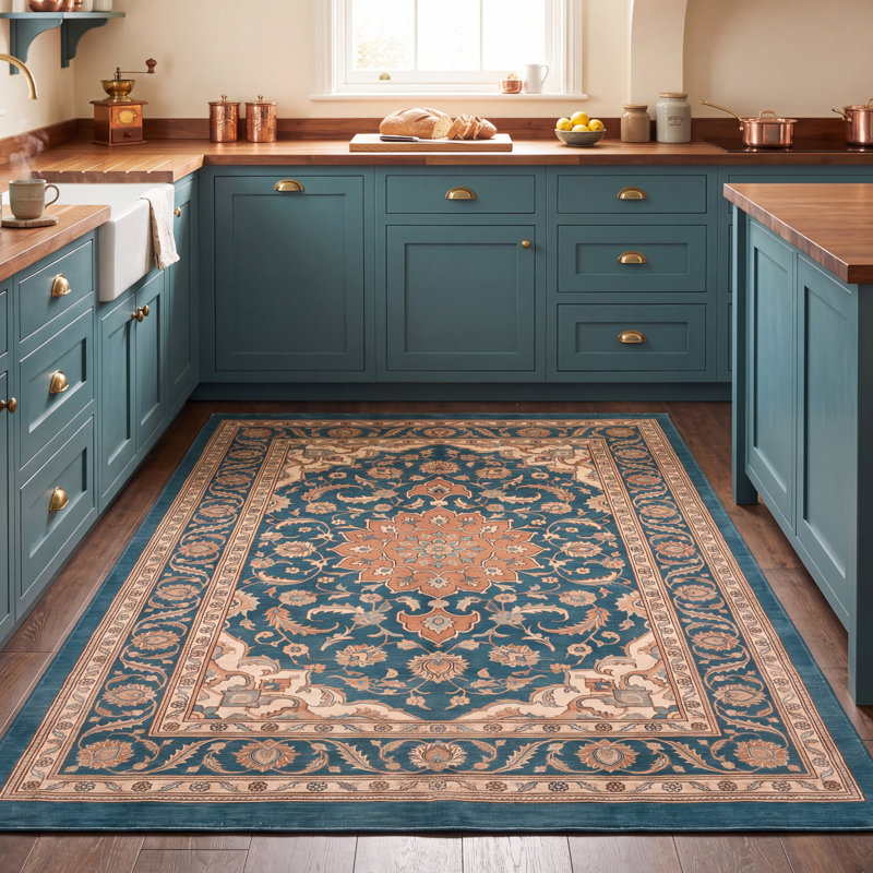 Tapis Urgup traditionnel persan audacieux, bleu sarcelle, or et crème, lavable en machine, antidérapant, à poils courts, pour l'intérieur et l'extérieur, adapté aux animaux domestiques, idéal pour le salon, la chambre, la salle à manger, l'entrée, le couloir ou le bureau.