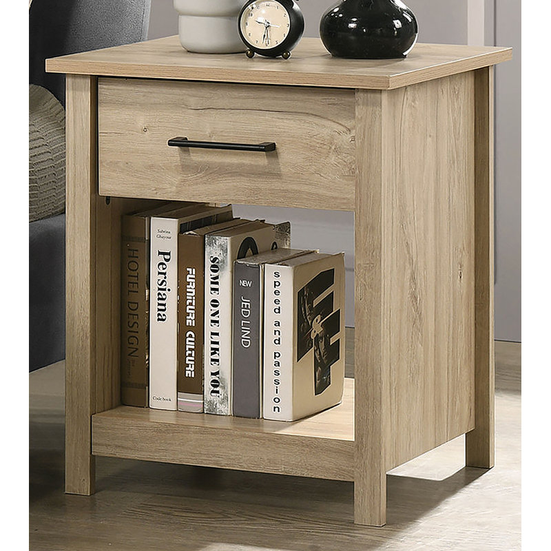 1-Drawer Nightstand, Bedside Table With Open Shelf, Light Oak