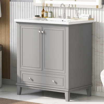 Armoire de salle de bain 30 "avec lavabo gris - porte de meuble-lavabo moderne avec tablette
