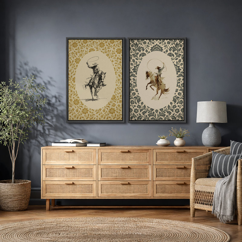 Art cowboy, cowboy de style occidental, impression sur toile encadrée, 2 pièces, H 24 po x l 32 po x P 1,5 po, Black Frame
