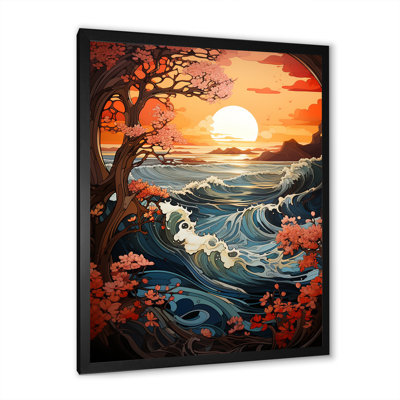 Orange orange, vagues japonaises au coucher du soleil - art mural coucher de soleil côtier