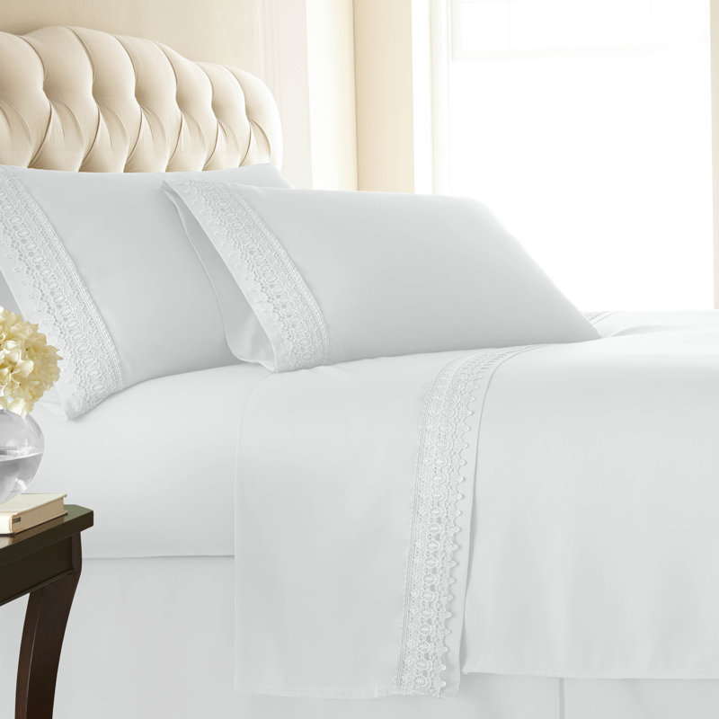 Jaquil Extra Deep Pocket Microfiber Sheet Set with Lace Hem, Queen, White