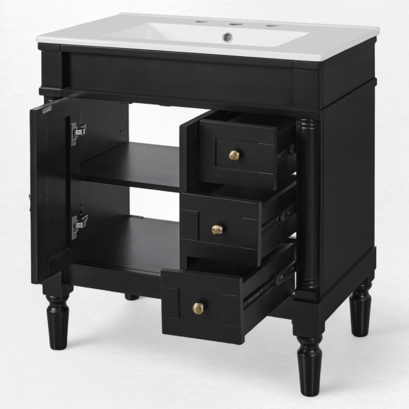 Meuble-lavabo simple 30 po avec comptoir en céramique, Black, Gold