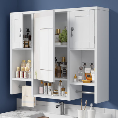 Bathroom Medicine Cabinet With Mirror, Wall Mounted Bathroom Storage Cabinet, Mirror Doors And 2 Towel Bars