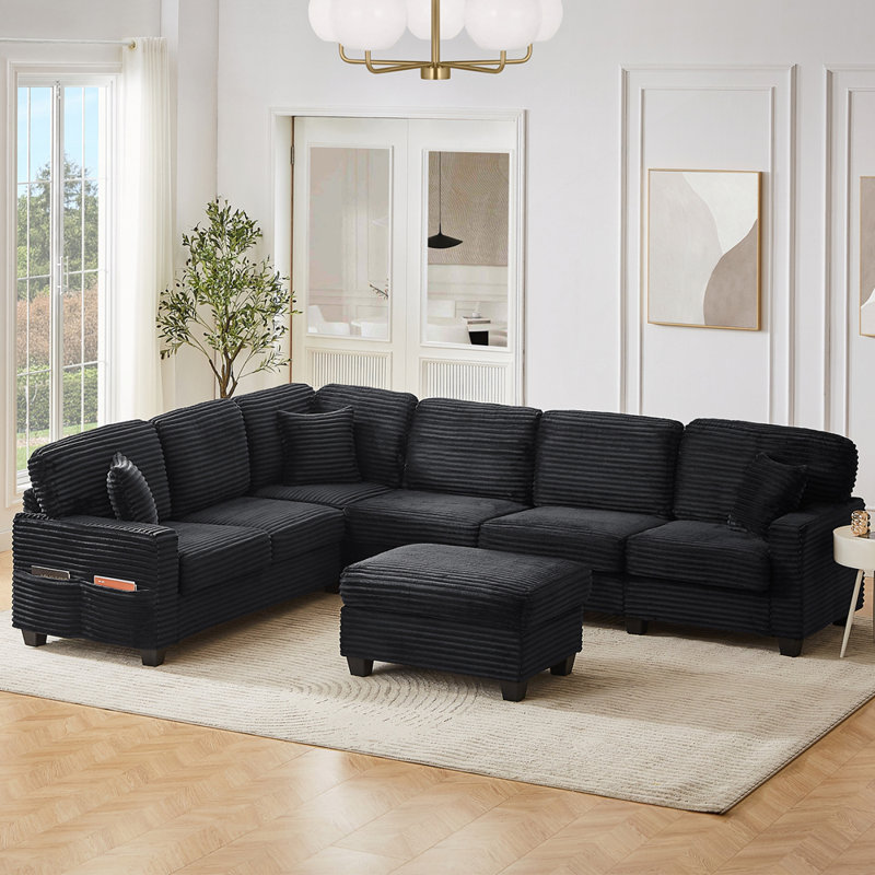Canapé modulaire polyvalent en velours côtelé avec repose-pieds et rangement intégré, Noir