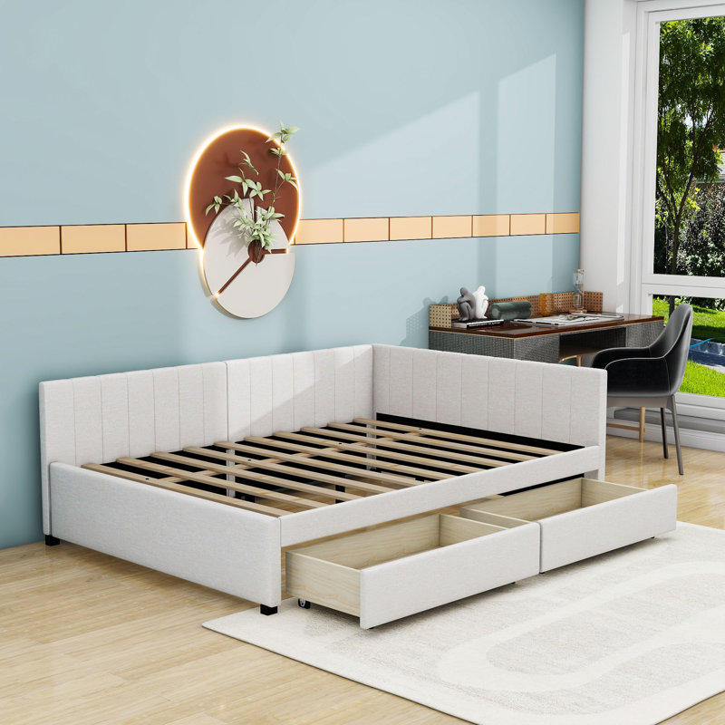 Naoyuki Full Size Linen Daybed with 2 Drawers, Beige