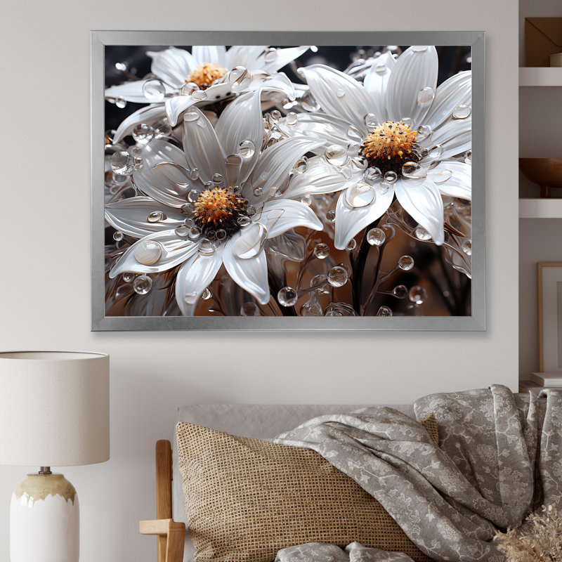 Tournesols blancs transparents à luminescence sur toile, Cadre photo argenté, H 30 po x l 40 po x P 1,5 po