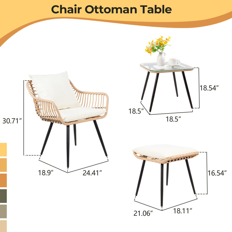 5 Pieces Wicker Patio Bistro Outdoor Furniture Set with Cushions & Ottoman, Beige/Natural