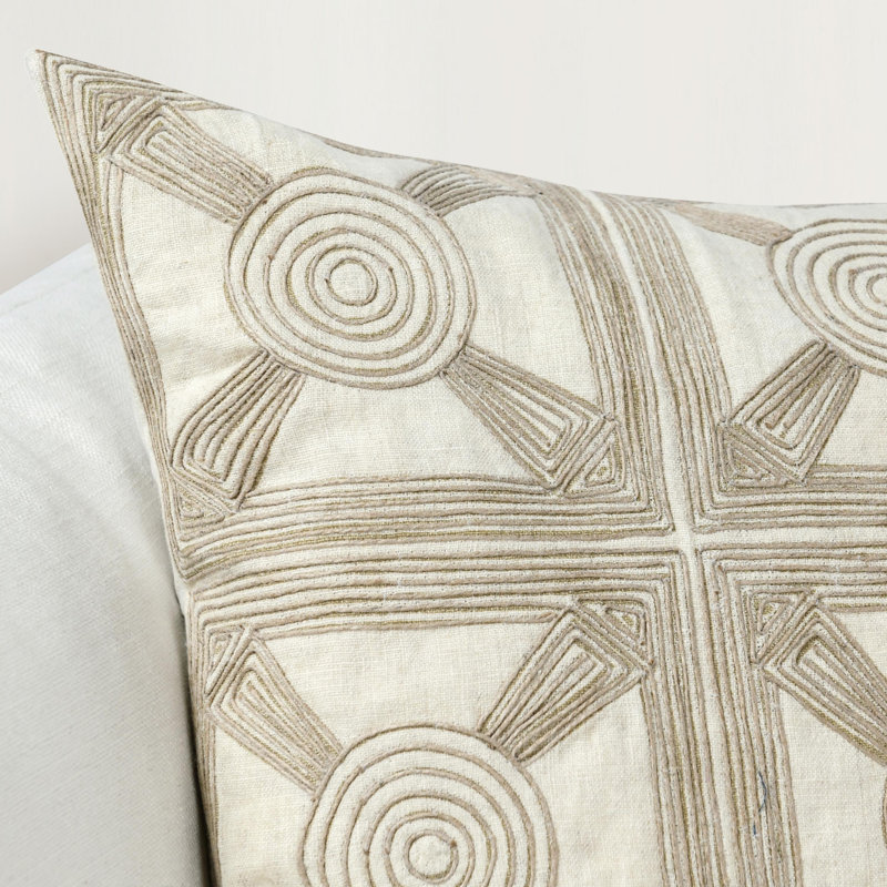 Baia 14x26 Embroidered Belgian Linen Fabric Natural Throw Pillow, Beige;Cream Geometric, Square, 20"H x 20"W