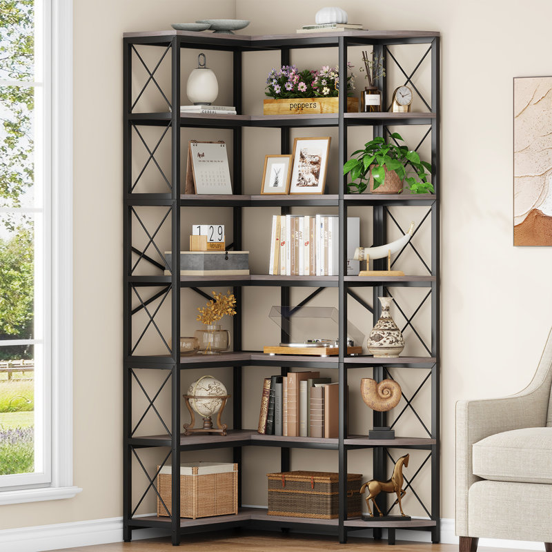 Kelsch Reversible Corner Bookcase, L-Shaped Bookshelf, Grey