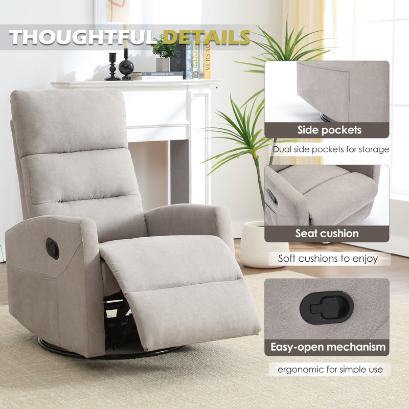 26" W Manual Swivel Rocker Recliner With Pockets, LightGray