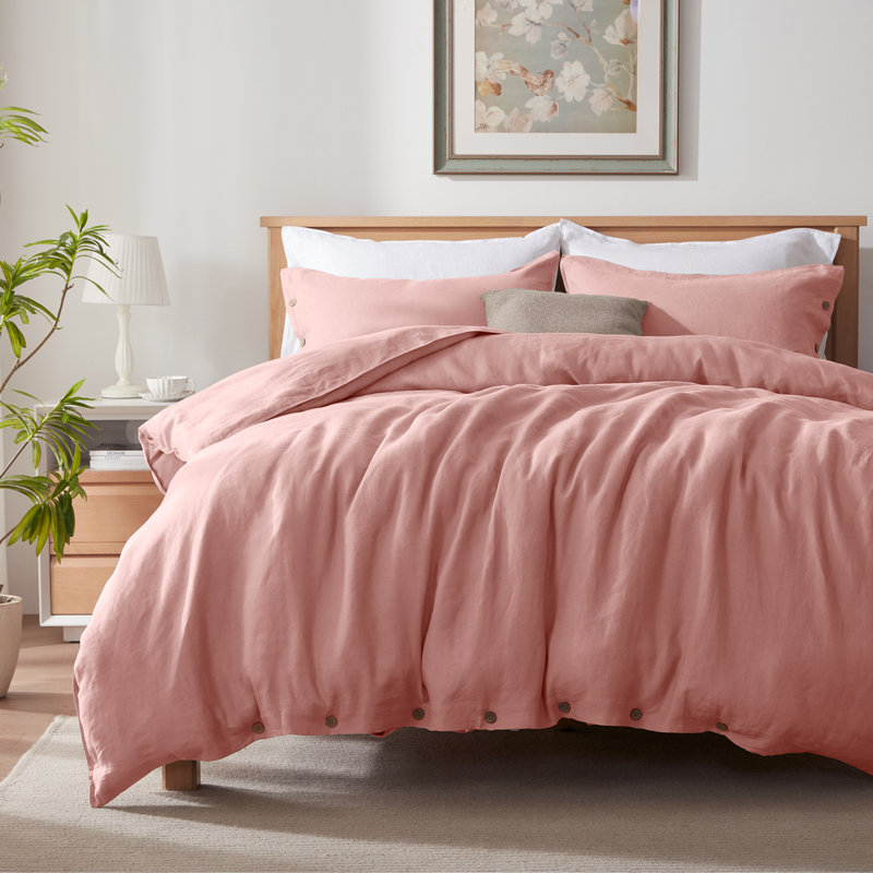 Ensemble de housse de couette 100% lin TOSMO avec fermeture à boutons, literie de ferme durable et douce, Rose