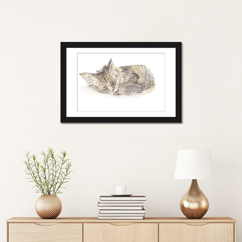 « couching gray chat »-impression sur toile tendue, H 24 po x l 32 po x P 1 po, Papier d'art encadré noir, Blanc