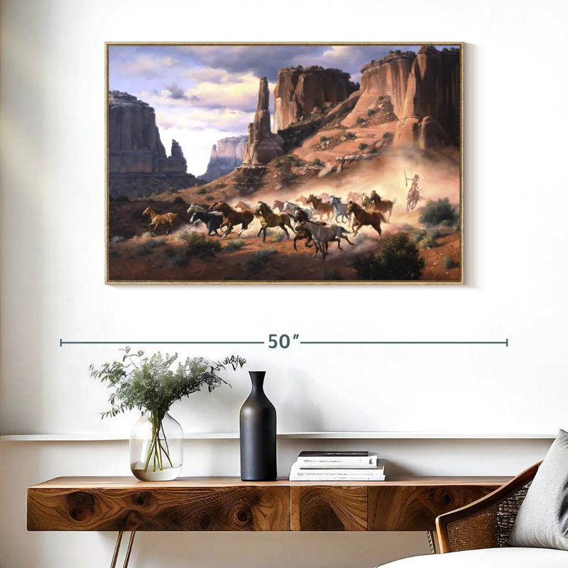 Grès et chevaux volés, 40 po x 27 po, Cadre flottant en bois naturel