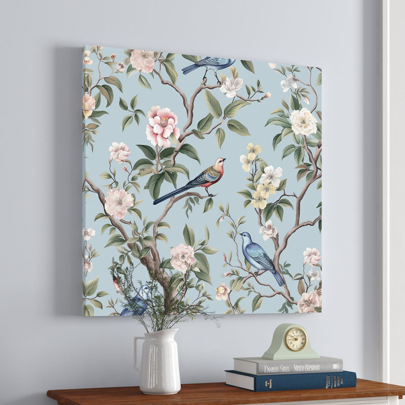 Amritha chinoiserie avec oiseaux et pivoines, art mural pour salon, oiseaux, 44" H x 44" W, Cadre flottant doré