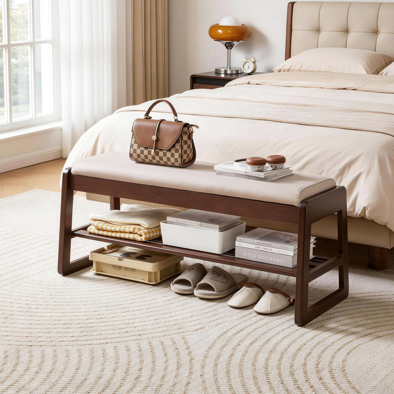 Banc à chaussures en bois massif avec rangement, Beige