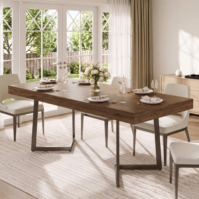 Modern Industrial Walnut Dining Table with Black Metal Sled Base - Multi-Purpose Home Office Desk