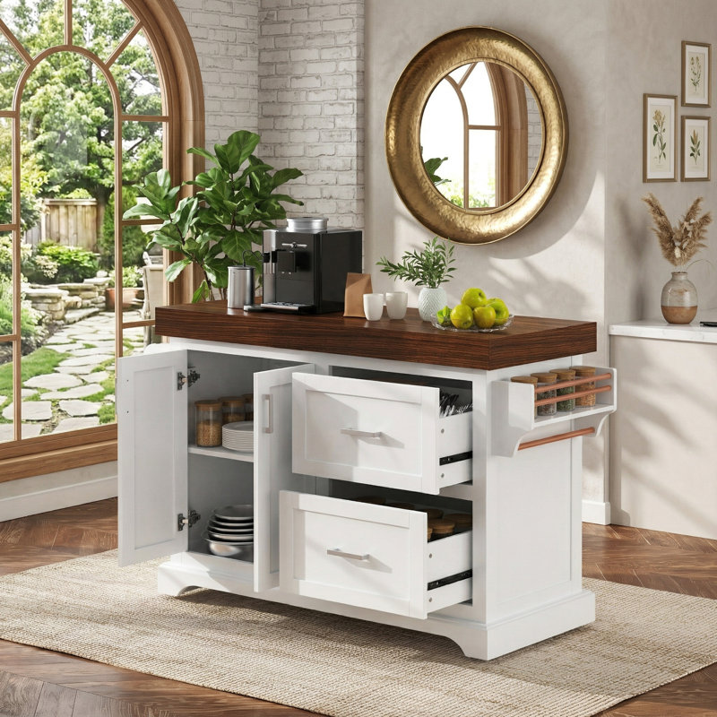 Îlot de cuisine de 53 po de largeur avec bureau de 3,5 po d'épaisseur, 2 très grands tiroirs, porte-épices et porte-serviettes, chariot de rangement mobile pour la cuisine, la salle à manger, blanc