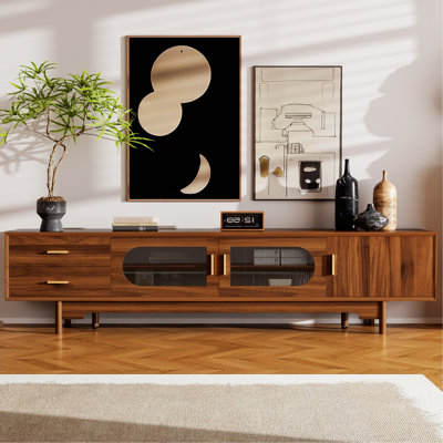 Meuble télé pour téléviseur de 85 po ou moins, meuble télé moderne avec portes en verre cannelé et 2 tiroirs pour le salon