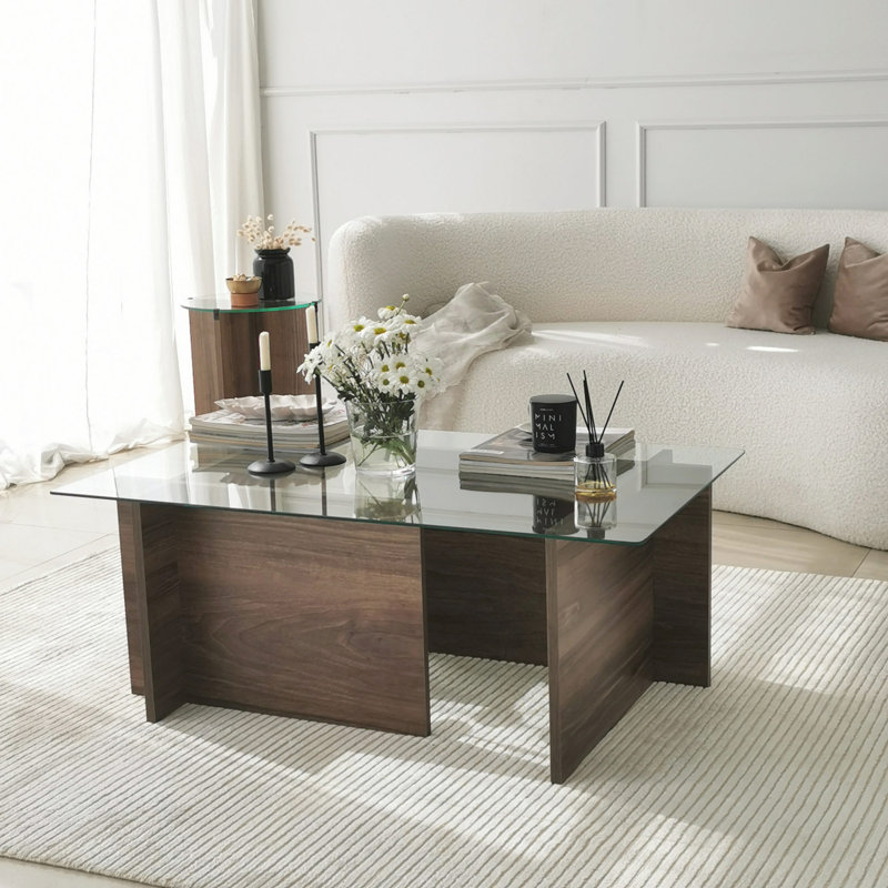 Table basse moderne avec plateau 100% verre trempé, couleur noyer, 41,3 po x 15,7 po x 25,6 po | Cadre en panneau de particules enduit de mélamine durable à 100%, élégant et élégant pour le salon et la décoration de salon