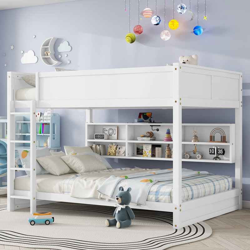 Queen Bunk Bed With Charging Station & Large Storage Cabinets, White