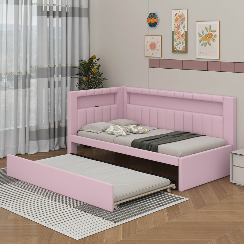 Lit plateforme simple tapissier avec port USB et lit gigogne, Rose