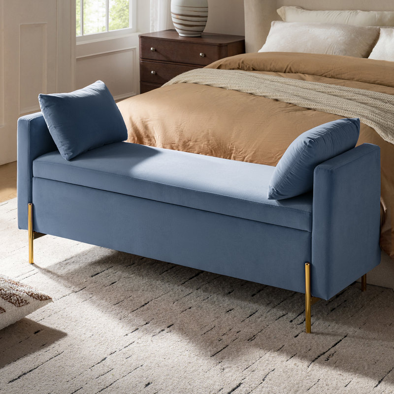 Banc rembourré avec rangement à compartiments et coussins décoratifs l 56 po Aristides, Bleu ardoise