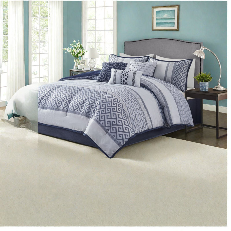 Luxury 7 Piece Navy Comforter Bedding Sets, Polyester Jacquard, Traditional Bedroom Style