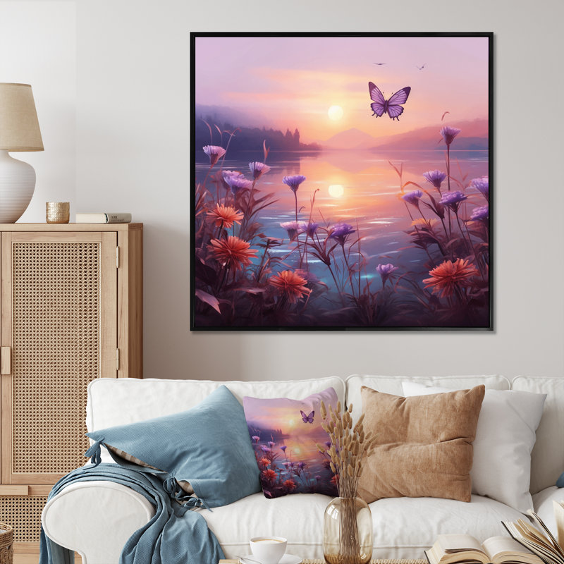 Coucher de soleil rose avec papillon rose, Cadre flottant noir, H 16 po x l 16 po x P 1 po