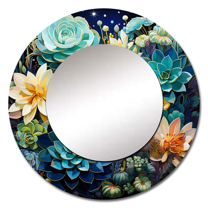 Teal Succulent Serenade - miroir succulent, miroir mural rond traditionnel traditionnel, impression d'art en métal