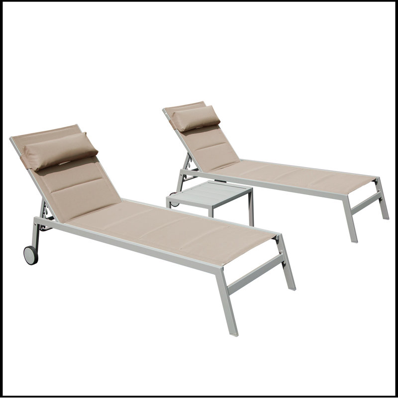 Keimyah Outdoor Rust-Resistant Metal Chaise Lounge Set with Table, Khaki