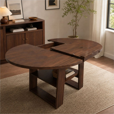 Table de salle à manger avec rangement, fini brun, table ronde extensible, 110 cm (43,3 po), détails en bois massif