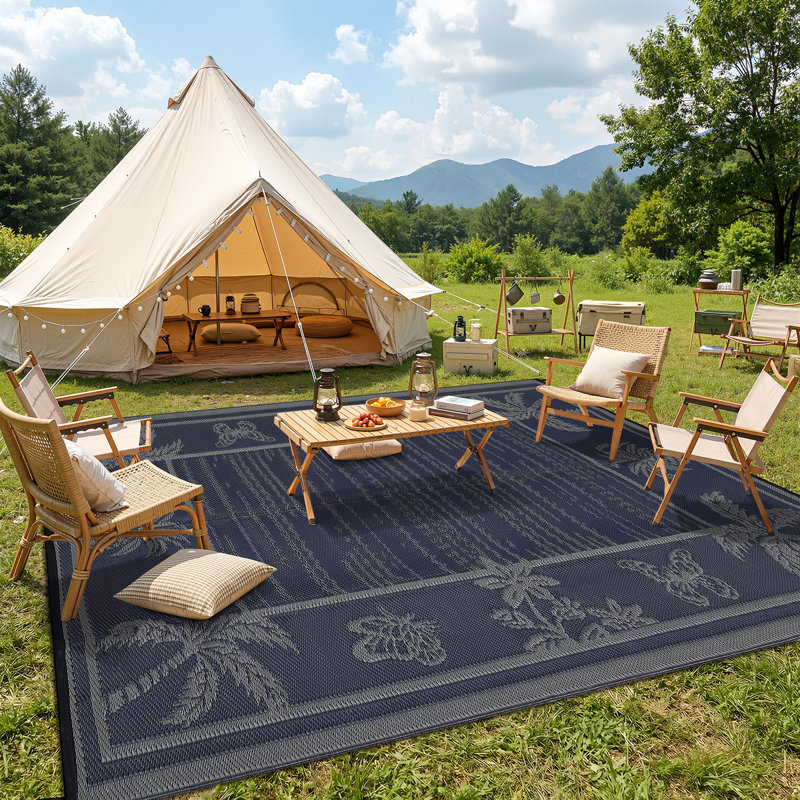 9x12 NavyGrey Tropical Plants Reversible Outdoor Rug, Waterproof Large Plastic Straw Indoor Outdoor Carpet for Camping RV Deck Balcony Picnic Backyard