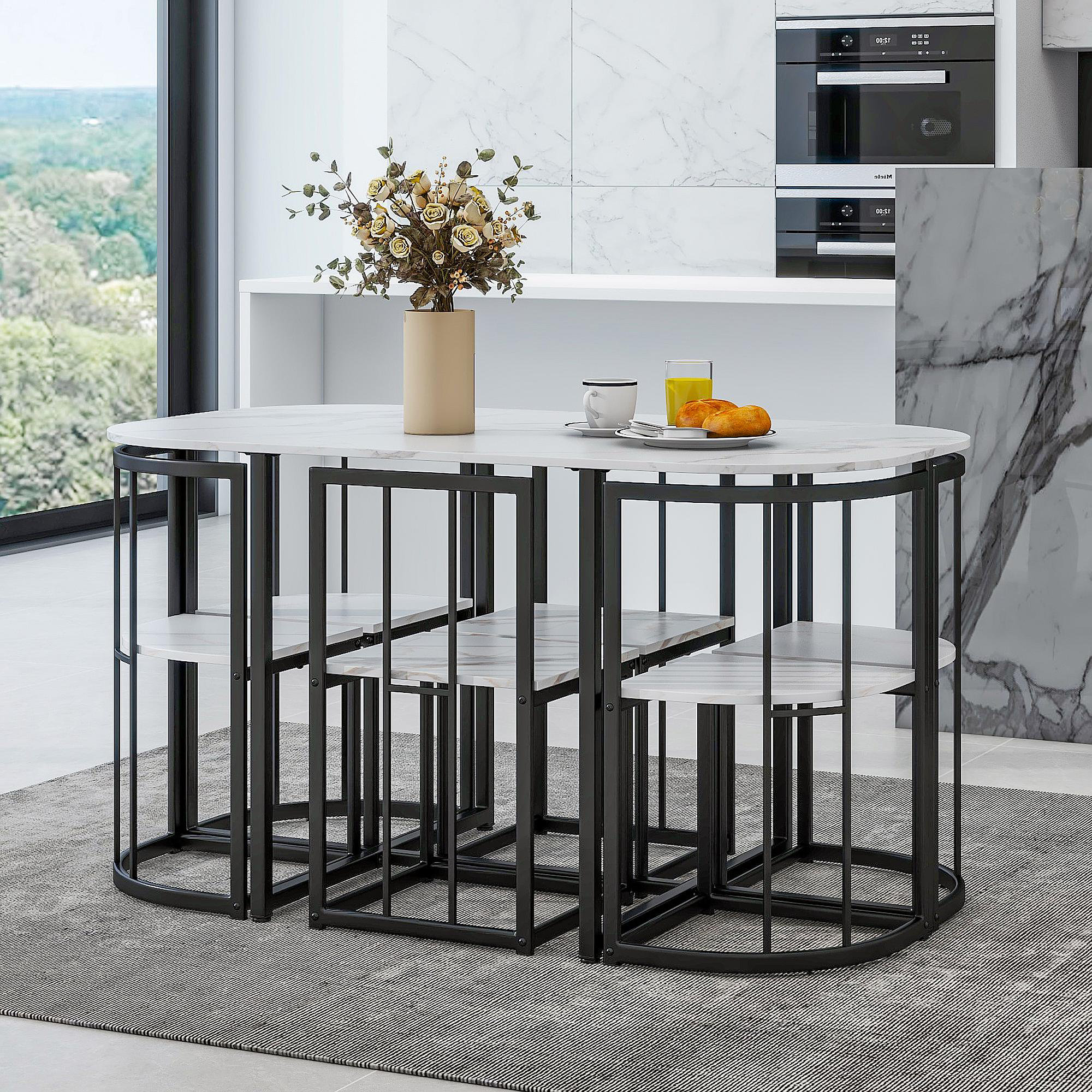Mercer41 Modern 7-Piece Dining Table Set With Faux Marble Compact ...