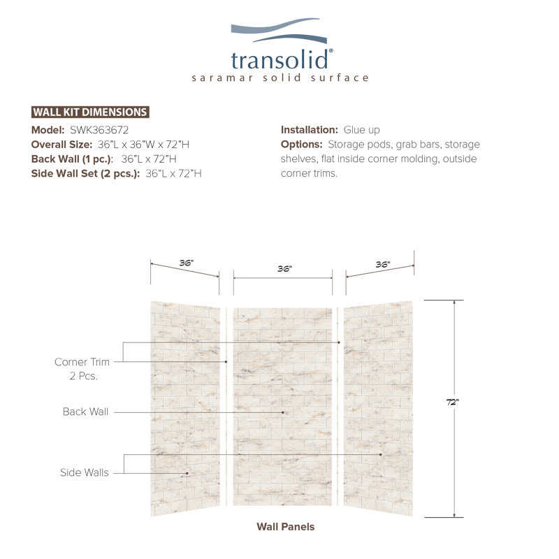 Biscotti Marble 36" x 36" x 72" 3-Piece Shower Wall Kit