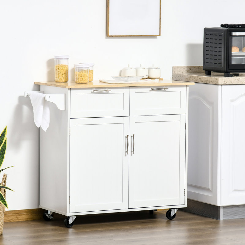 41" Rolling Kitchen Island, White - Drawers & Spacious Shelves Mobile With