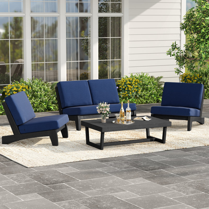 Polett Outdoor Conversation Set Solid Wood Group With Armless Chair And Loveseat And Coffee Table, Navy, Black
