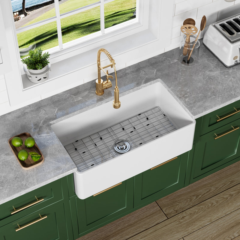 Athena 33" L x 18" W Farmhouse Kitchen Sink with Sink Grid and Basket Strainer, White