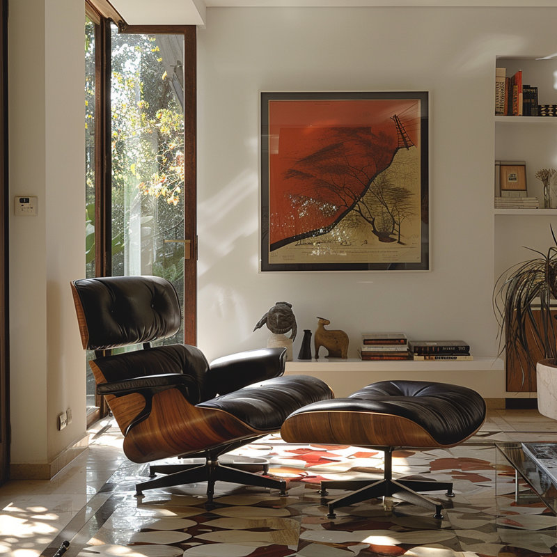 Fauteuil lounge en cuir avec bois massif, Cuir noir bois de rose