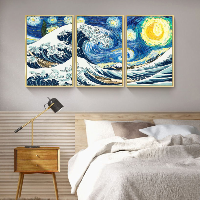 «Van Gogh Wall Art» par Vincent Van Gogh, ensemble de 3 reproductions d'art sur toile encadrées, Or
