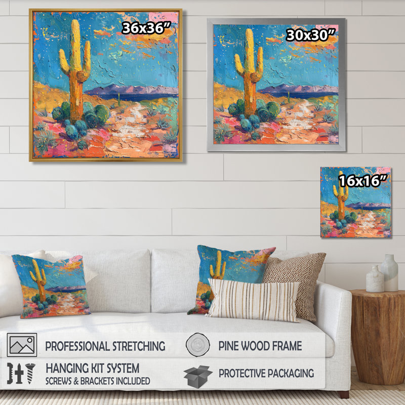 Jaune jaune, bleu du sud-ouest, désert, cactus - impression d'art mural cactus floral, H 36 po x l 36 po x P 1,5 po