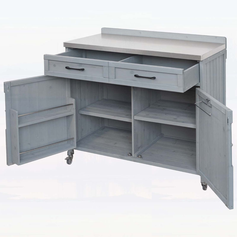 Îlot de cuisine durable avec plateau en acier inoxydable, tablettes réglables et roulettes verrouillables pour un rangement efficace