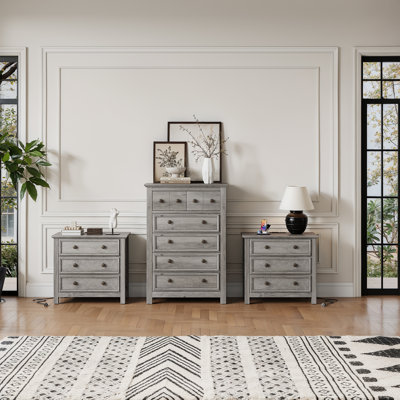 3 Piece Bedroom Dresser Set - Tall 6 Drawer Dresser And Two 26.7''w 3-drawer Nightstand With Charging Station,gray Wash