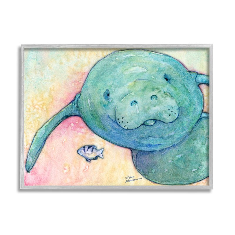 Lamantin souriant, faune aquatique, H 16 po x l 20 po x P 1,5 po, Estampe numérique Farmhouse