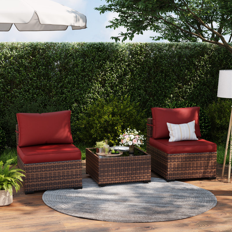Naveena 2-Person 3-Piece Wicker Seating Group with Glass Top Table, Dark Red